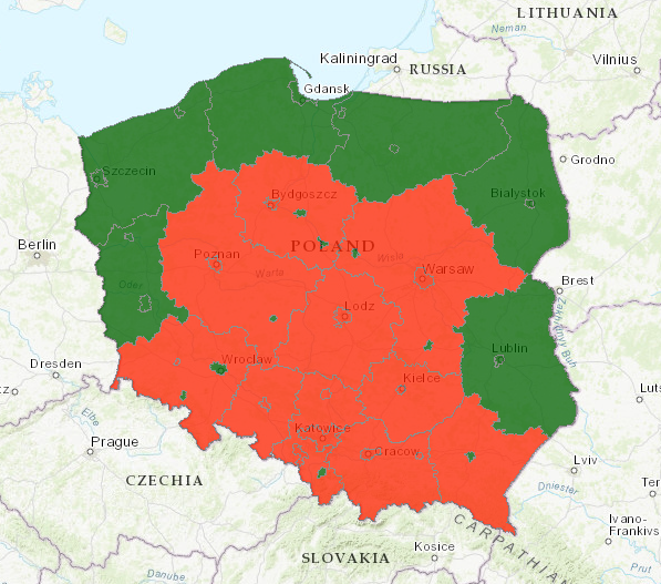 Rys. Strefy z przekroczeniami wartości dopuszczalnych pyłu PM10 w 2019 roku. (źródło: powietrze.gios.gov.pl) Postępowanie kompensacyjne Ekostep